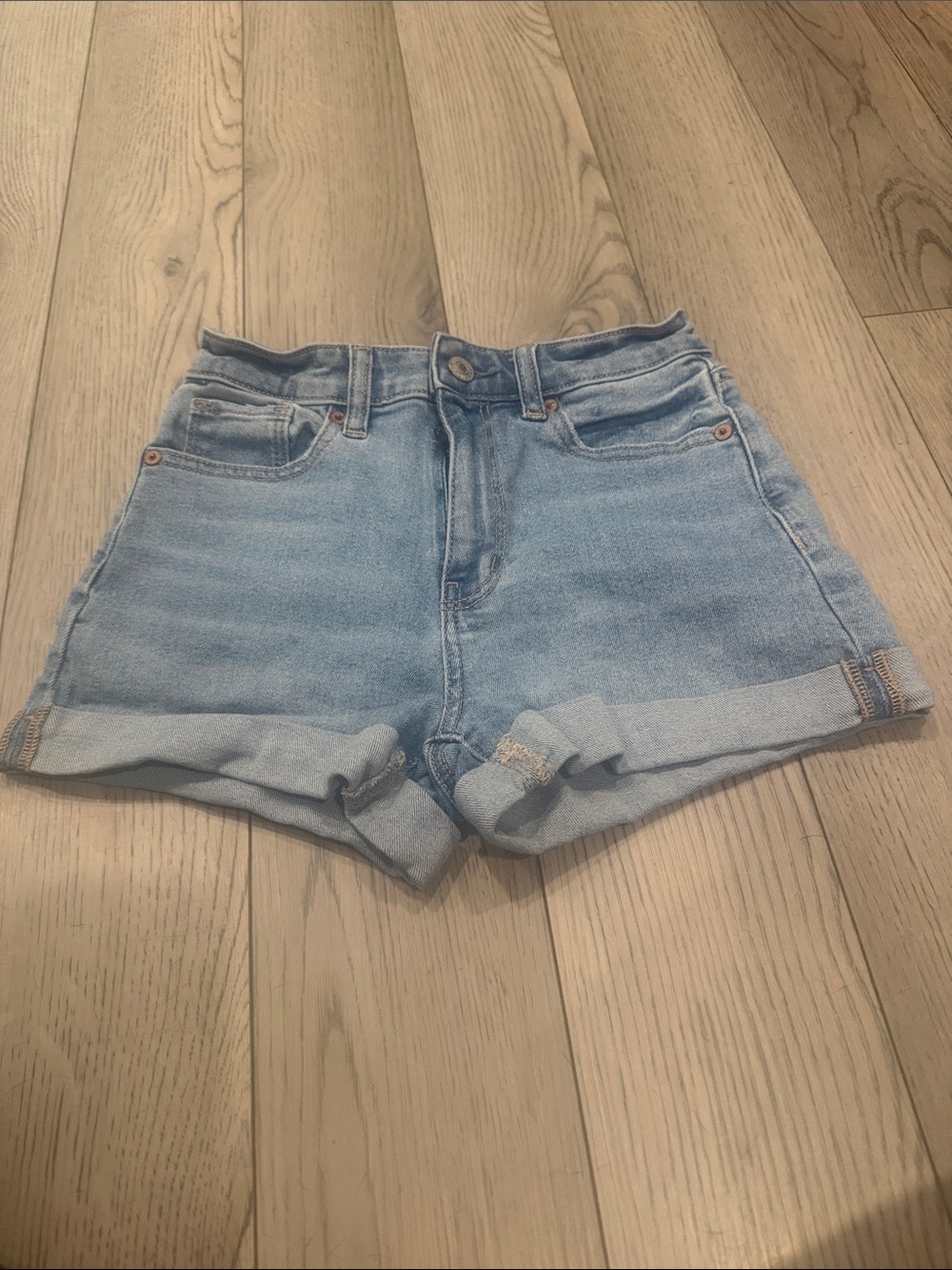 American Eagle Outfitters Light Blue High-Rise Rolled Hem Denim Shorts